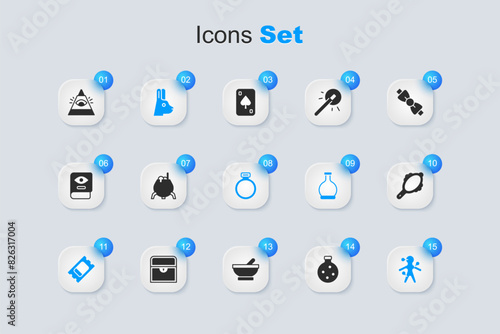 Set Bottle with potion, Witch cauldron, Rabbit ears, Circus ticket, Voodoo doll, Magic hand mirror, All-seeing eye of God and stone ring icon. Vector