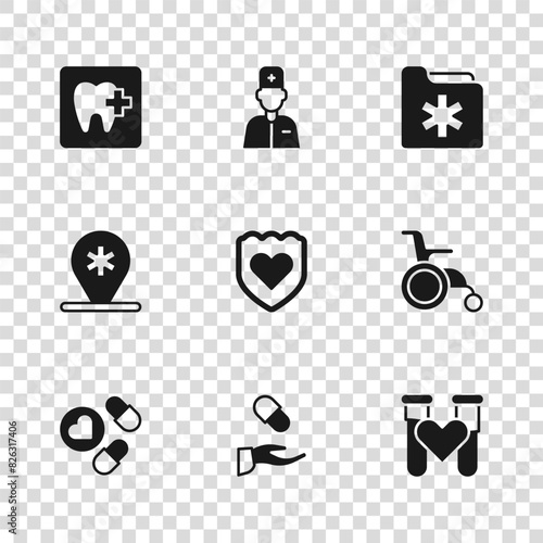 Set Medical prescription, Wheelchair for disabled person, Test tube with blood, Immune system, health record folder, Dental clinic location, Male doctor and Location hospital icon. Vector