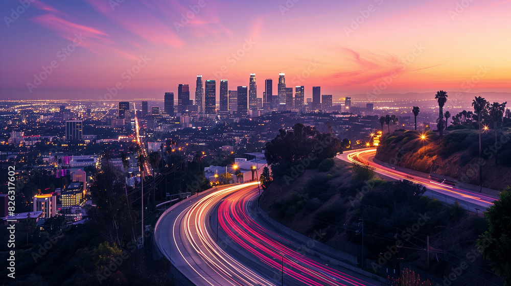 Fototapeta premium Los Angeles Sunset Cityscape with Light Trails