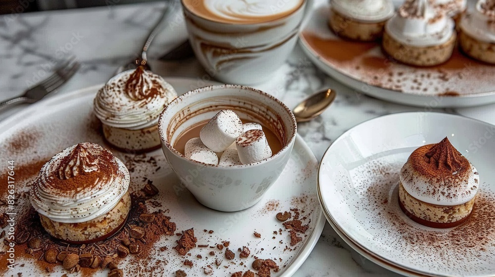   A white plate with desserts sits beside a steaming cup of coffee and an adjacent plate filled with more sweet treats