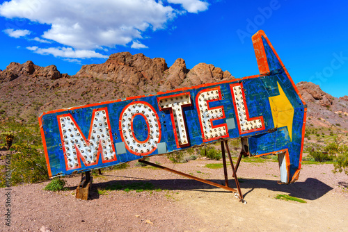 Nelson, Nevada - April 15, 2024: Abandoned Motel Sign in Abandoned Nelson Ghost Town