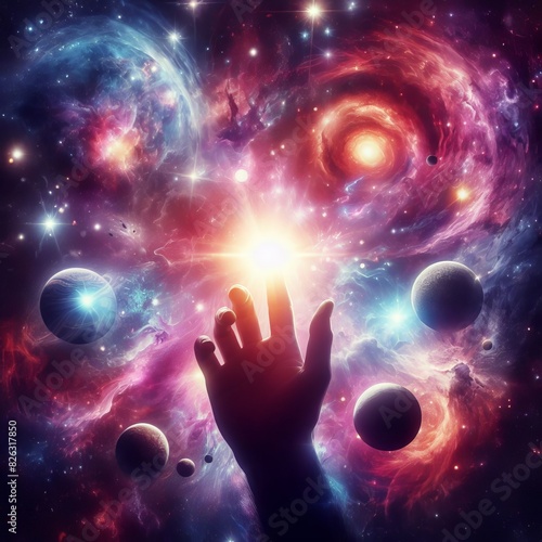A vibrant cosmic scene featuring a human hand reaching out to touch various celestial bodies like stars and planets, set against a colorful nebula backdrop.. AI Generation