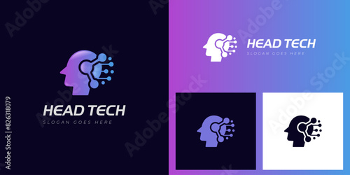 Human technology or human digital logo design, head and tech graphic icon symbol for robot tech logo design, smart tech science logo