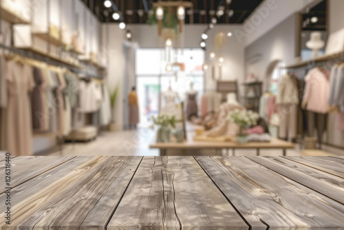 A wooden display table in the foreground with a blurred background of a fashion boutique. The background features stylish clothing racks, mannequins dressed in the latest fashions. © grey