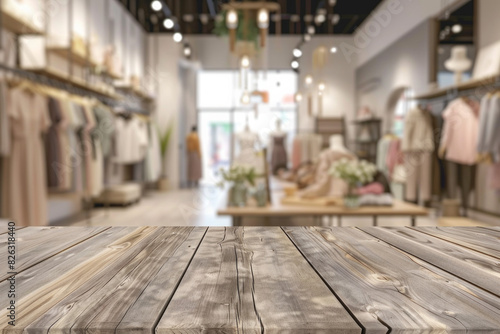 A wooden display table in the foreground with a blurred background of a fashion boutique. The background features stylish clothing racks  mannequins dressed in the latest fashions.