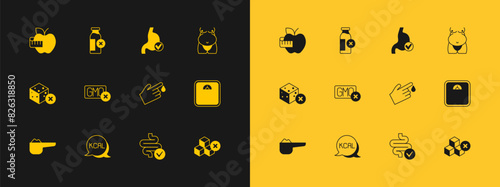 Set Obesity, Kcal, Finger blood, Intestines, No GMO, Human stomach health, Apple and measuring tape and Lactose intolerance icon. Vector