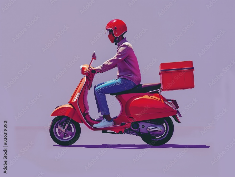 A delivery rider in a red helmet and jacket rides a red scooter with a delivery box against a purple background.