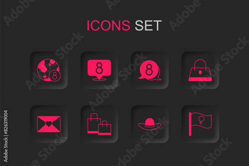 Set Paper shopping bag, 8 March, International Women Day, Elegant women hat, Handbag, Feminist activist, speech bubble and Envelope with icon. Vector