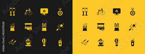 Set Unicycle, Attraction carousel, Magician hat and rabbit ears, Hot air balloon, Fast street food cart, Circus tent, Bowling pin and Vintage bicycle icon. Vector