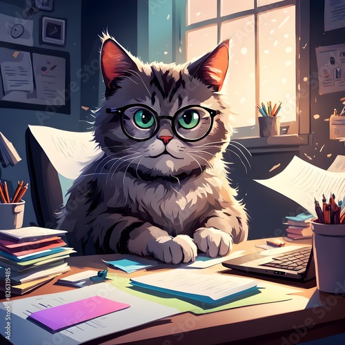 Illustration of a bespectacled cat seated at a desk working on a laptop