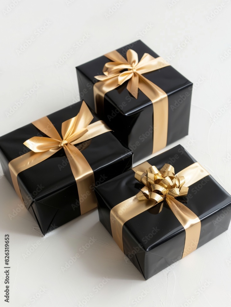 Several black gift boxes with gold accents on a black Friday minimalist background Several black gift boxes with gold accents on a black Friday minimalist background