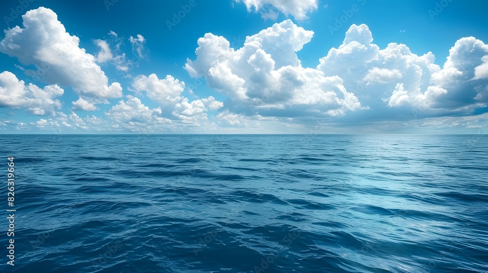 Obraz premium Blue sky and sea, blue ocean water, white clouds, clear horizon line, beautiful scenery, tranquil atmosphere. 