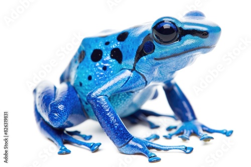 A vibrant blue and black frog sitting on a white background. Perfect for educational materials or nature-themed designs