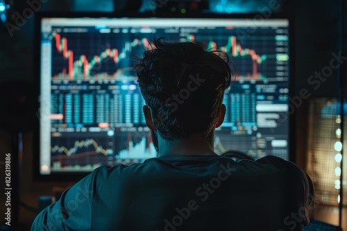 Rear view of a person studying complex live stock market data on multiple screens in a dark office