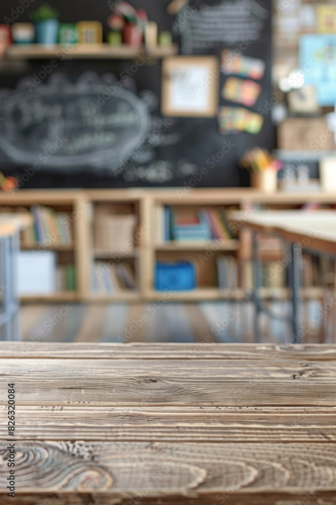 A wooden desk in the foreground with a blurred background of a classroom. The background features student desks, a chalkboard or whiteboard, educational posters on the walls, and shelves. A wooden desk in the foreground with a blurred background of a classroom. The background features student desks, a chalkboard or whiteboard, educational posters on the walls, and shelves.