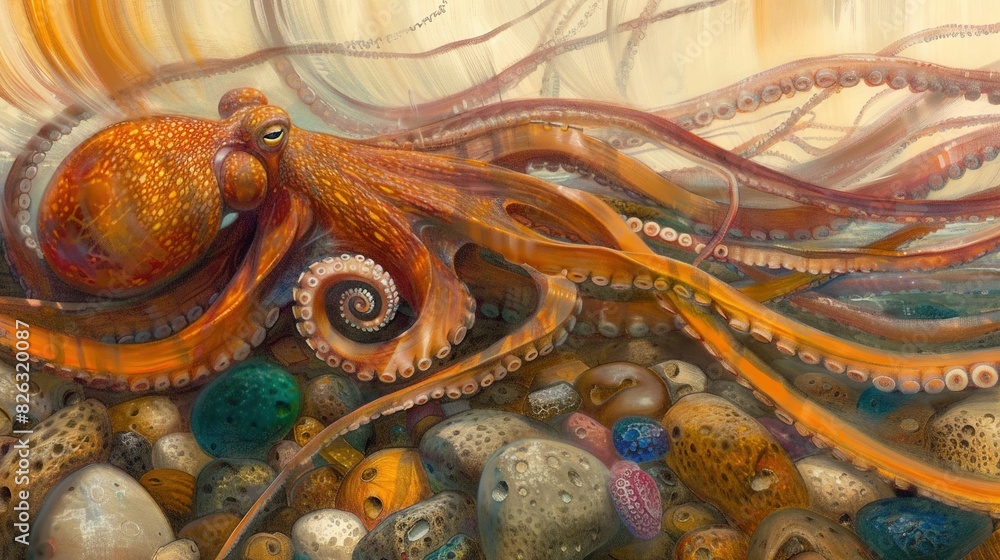 Obraz premium An octopus swims in a rocky, aquatic environment, with an orange octopus at its focal point