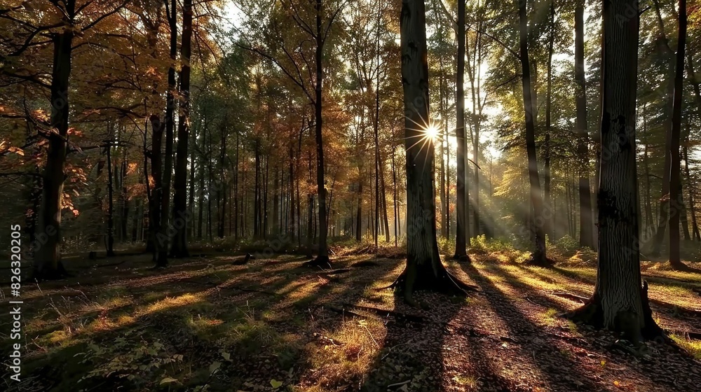   The sun filters through the foliage on the forest floor as it illuminates the treetops