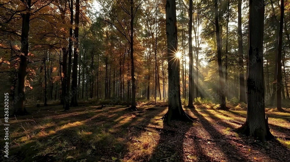 Obraz premium The sun filters through the foliage on the forest floor as it illuminates the treetops