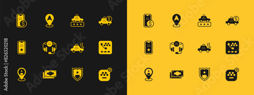 Set Taximeter device, Stacks paper money cash, Broken taxi car, Life insurance with shield, call telephone service, rating, Mobile banking and Location icon. Vector