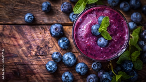 Blueberry smoothie in a glass on a wooden table with blueberries and mint leaves. the most popular plant-based natural superfoods for health and weight loss. 