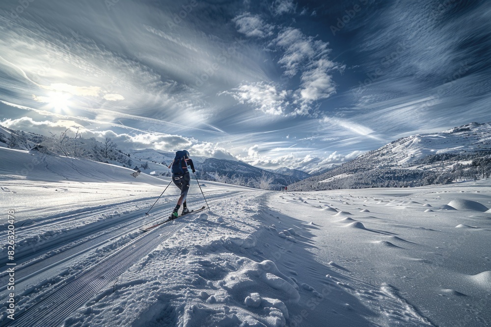 A person cross country skiing in the snow. Suitable for winter sports concept A person cross country skiing in the snow. Suitable for winter sports concept