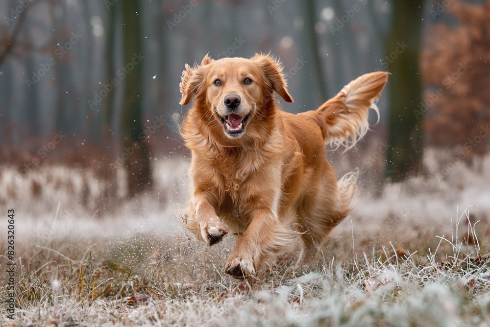 A lively golden retriever dog is captured dashing towards the camera across a lush green lawn. The dog's expression reveals a sense of excitement and exuberance.