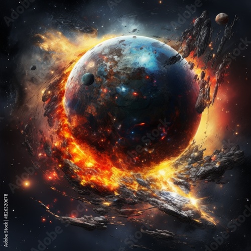 Planet explosion. Apocalypse in space, destroying cosmic object.