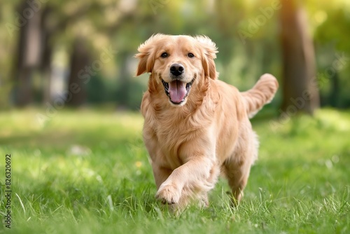 A lively golden retriever dog is captured dashing towards the camera across a lush green lawn. The dog's expression reveals a sense of excitement and exuberance.