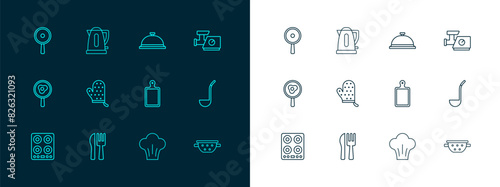 Set line Kitchen meat grinder, Crossed knife and fork, Cutting board, Chef hat, Oven glove, Covered with tray of food, Frying pan and Electric kettle icon. Vector