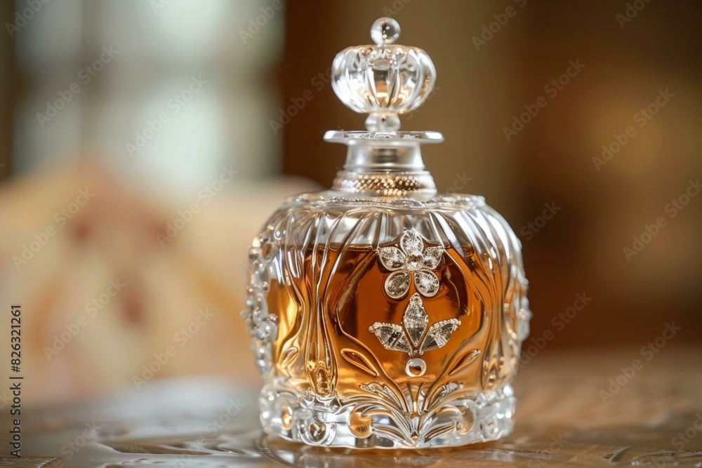 Ornate glass perfume bottle with intricate details, displayed against a warm, softfocus background Ornate glass perfume bottle with intricate details, displayed against a warm, softfocus background