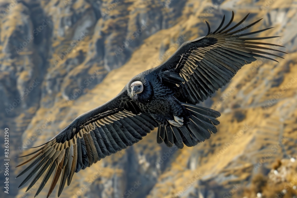 Naklejka premium A majestic black bird soaring over a rugged mountain landscape. Perfect for nature and wildlife themes