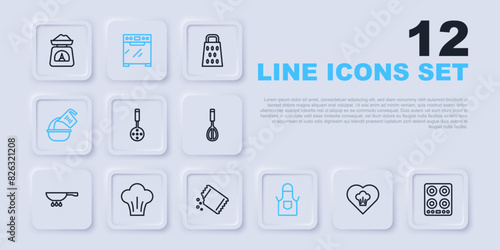 Set line Chef hat, Gas stove, Spatula, Kitchen apron, Measuring cup and bowl, Oven and Packet of pepper icon. Vector
