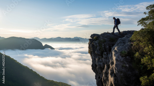 Adventurous hiker stands on a cliff s edge  above a blanket of clouds during a breathtaking sunrise