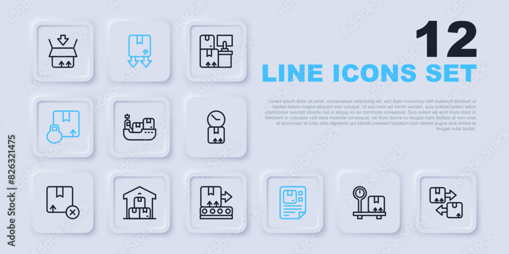 Set line Scale with cardboard box, Cardboard traffic symbol, Cargo ship boxes delivery, Waybill, Carton, Full warehouse, and Conveyor belt icon. Vector Set line Scale with cardboard box, Cardboard traffic symbol, Cargo ship boxes delivery, Waybill, Carton, Full warehouse, and Conveyor belt icon. Vector