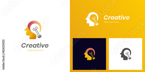 Brain think with bulb creative logo icon design, people head with lightbulb graphic element symbol for research man logo, brainstorm vector logo template