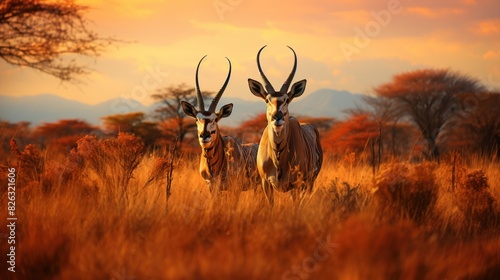 A wildlife scene with two elegant antelopes standing amidst a striking savanna landscape during a vibrant sunset