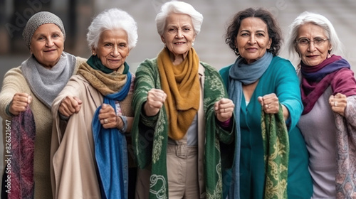 Five elderly women standing together, showing unity and strength posing with fists up