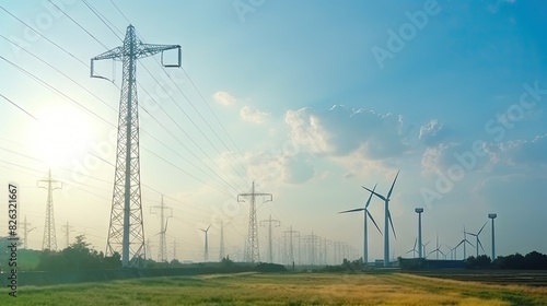 A serene landscape showing power lines and wind turbines against a pastel sky at dawn or dusk, symbolizing energy generation