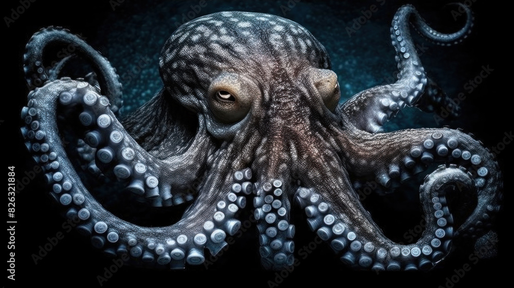 Obraz premium Detailed close-up of an octopus showing its suction cups and textured skin with a dramatic lighting