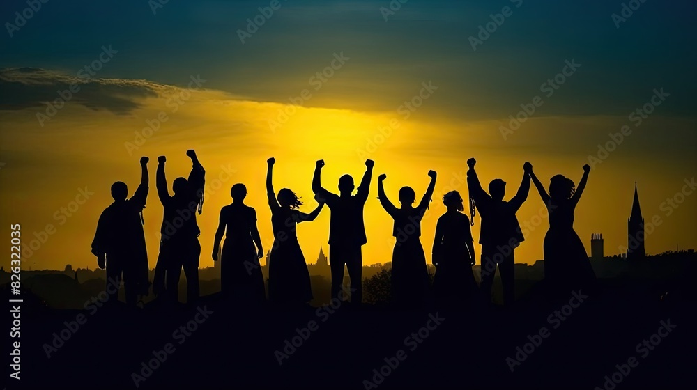 Silhouettes of multiple people with arms raised in celebration against a sunset backdrop with a city skyline Silhouettes of multiple people with arms raised in celebration against a sunset backdrop with a city skyline