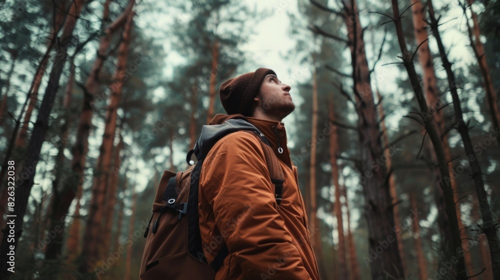 A man with a backpack standing in a forest. Suitable for outdoor adventure concepts A man with a backpack standing in a forest. Suitable for outdoor adventure concepts
