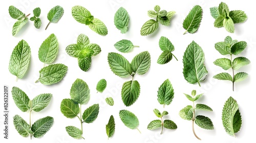 Mint leaves in various shapes and sizes isolated on a white background, showcasing their natural beauty against a pure white backdrop.

