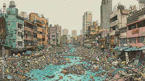 An illustration of the environmental impact of overpopulation in urban areas, pollution, city, congestion
 photo