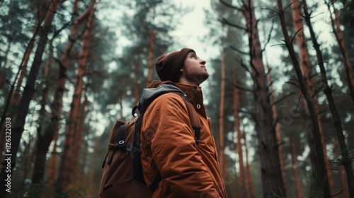 A man with a backpack standing in a forest. Suitable for outdoor adventure concepts