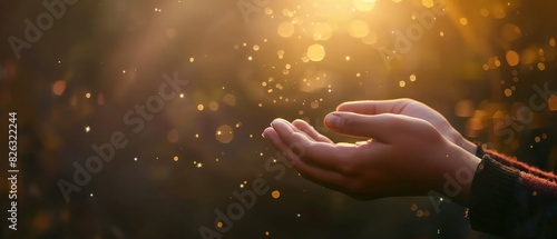 Praying hands with faith in religion and belief in God on blessing background. Power of hope or love and devotion.