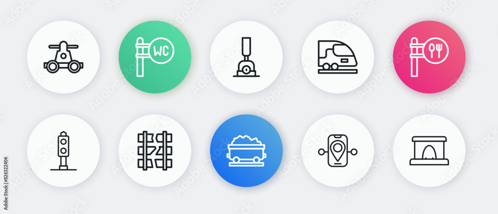 Set line Coal train wagon, Cafe and restaurant location, Train traffic light, Route, High-speed, Arrow for switching the railway, Railway tunnel and Broken cracked icon. Vector Set line Coal train wagon, Cafe and restaurant location, Train traffic light, Route, High-speed, Arrow for switching the railway, Railway tunnel and Broken cracked icon. Vector