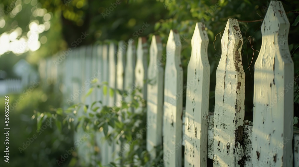 A serene white picket fence with a tree in the background. Suitable for home and garden themes
