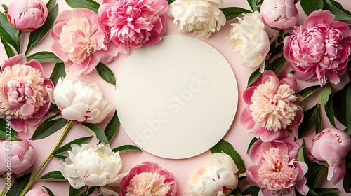 Fototapeta Naklejka Na Ścianę i Meble -  A blank white circle surrounded by pink and cream peonies on a light pastel background, with space for text. Web banner with copy space.
