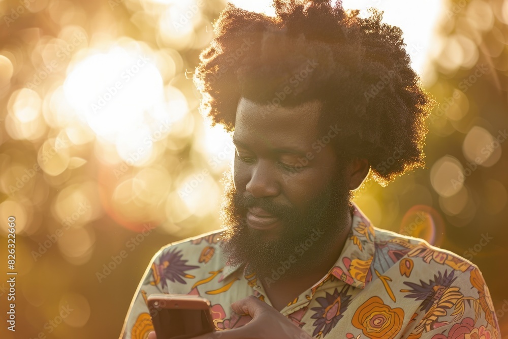 A man with a beard looking at a cell phone. Suitable for technology concepts A man with a beard looking at a cell phone. Suitable for technology concepts