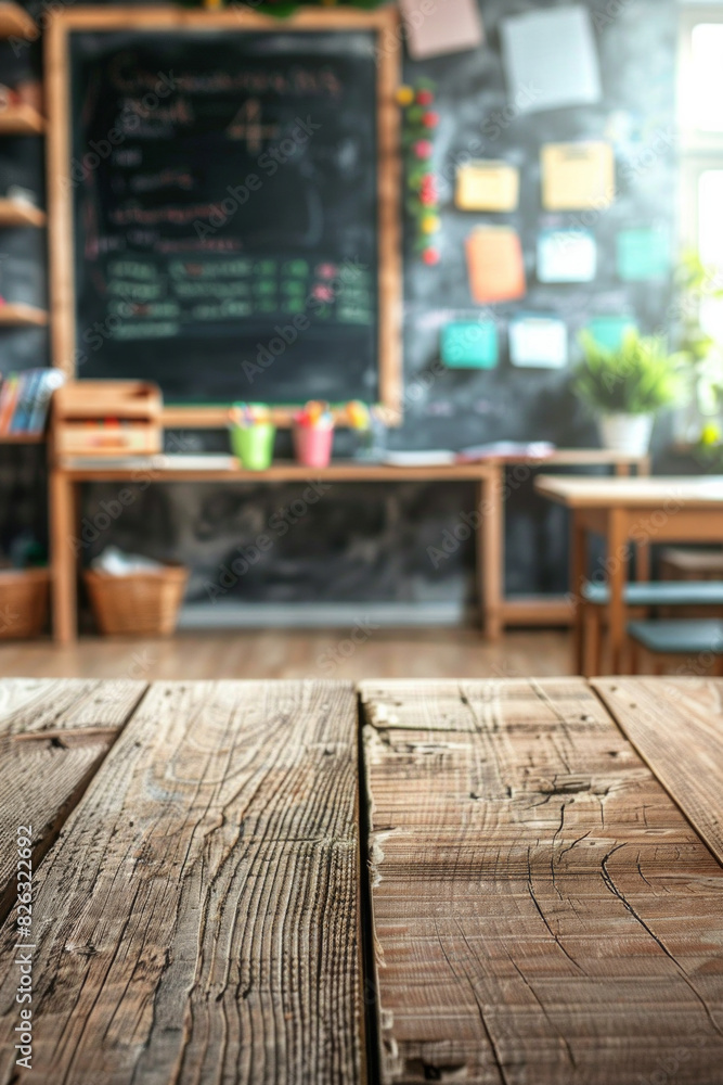 A wooden desk in the foreground with a blurred background of a classroom. The background features student desks, a chalkboard or whiteboard, educational posters on the walls, and shelves. A wooden desk in the foreground with a blurred background of a classroom. The background features student desks, a chalkboard or whiteboard, educational posters on the walls, and shelves.